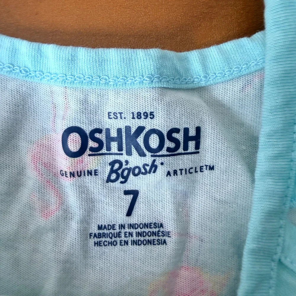 OshKosh Bgosh Girls Size 7 Aqua Blue Pink Flamingo Print Ruffle Tank Top Shirt